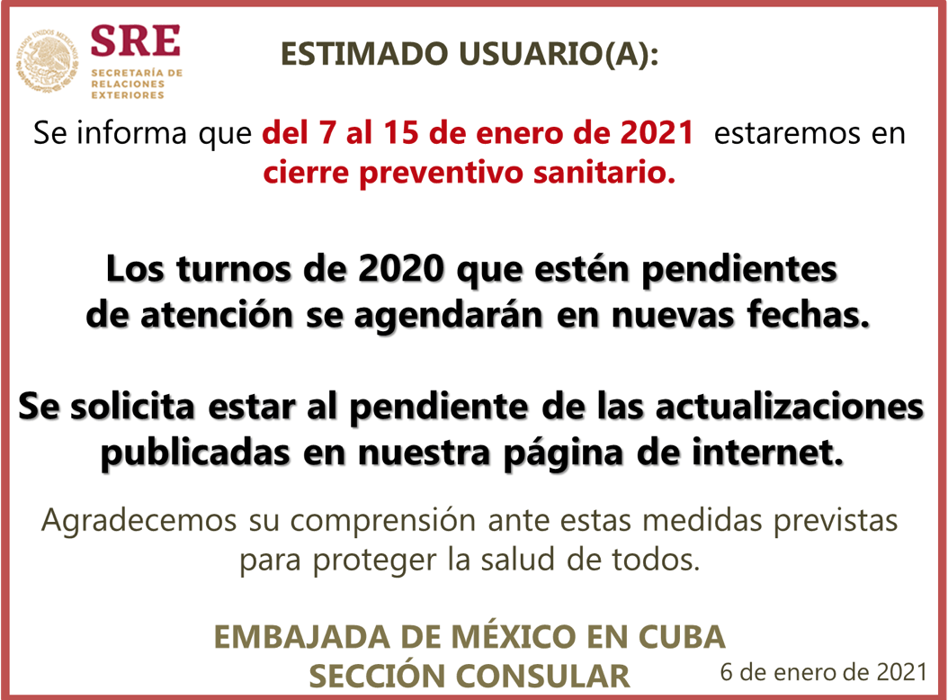 Embajada de México en Cuba suspende emisión de visas hasta el 15 de enero 2
