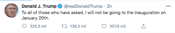 Donald Trump anunció que no asistirá a la investidura de Joe Biden 2
