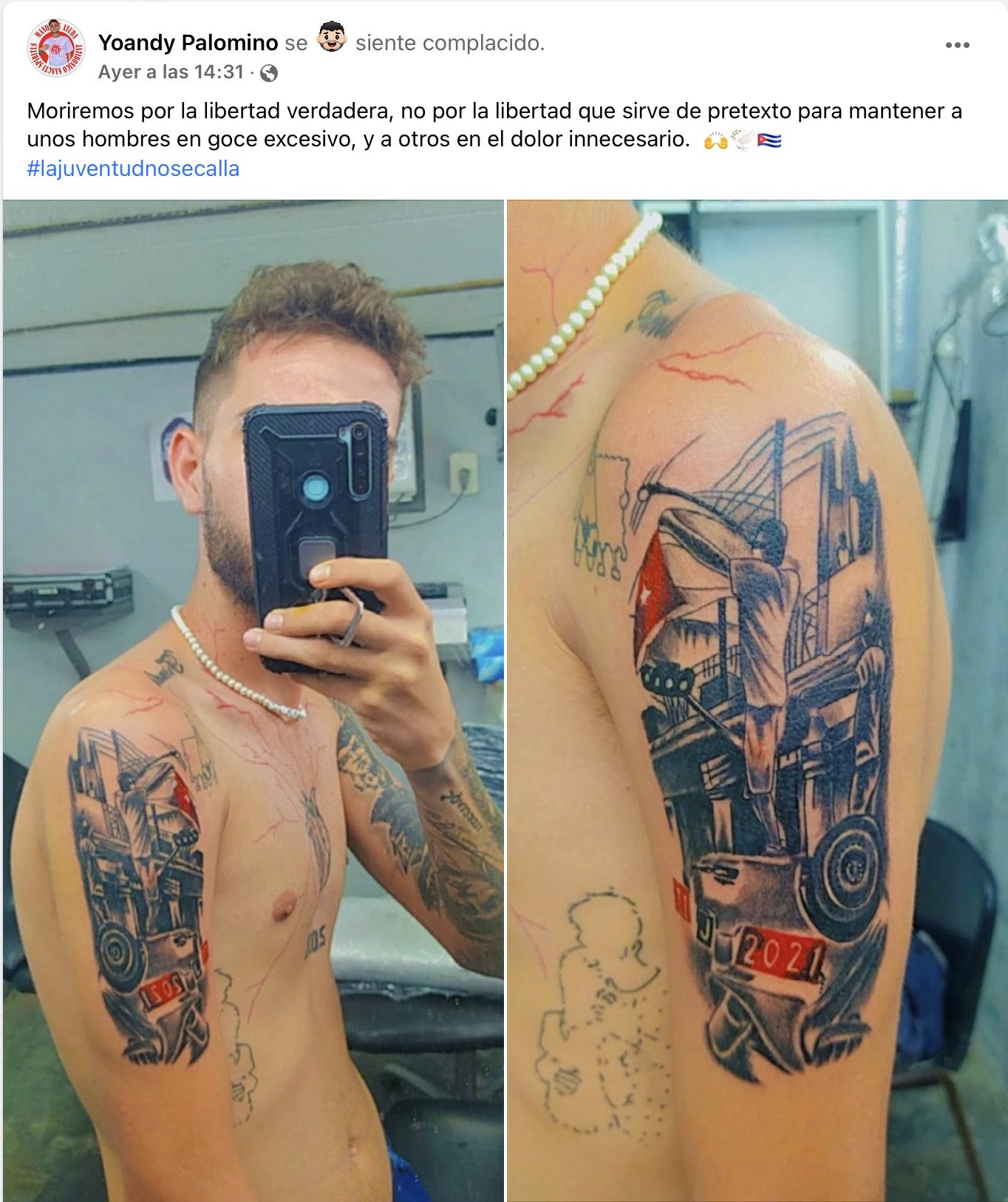 Cubano se tatúa icónica imagen de joven encima de patrulla volcada el 11J 12